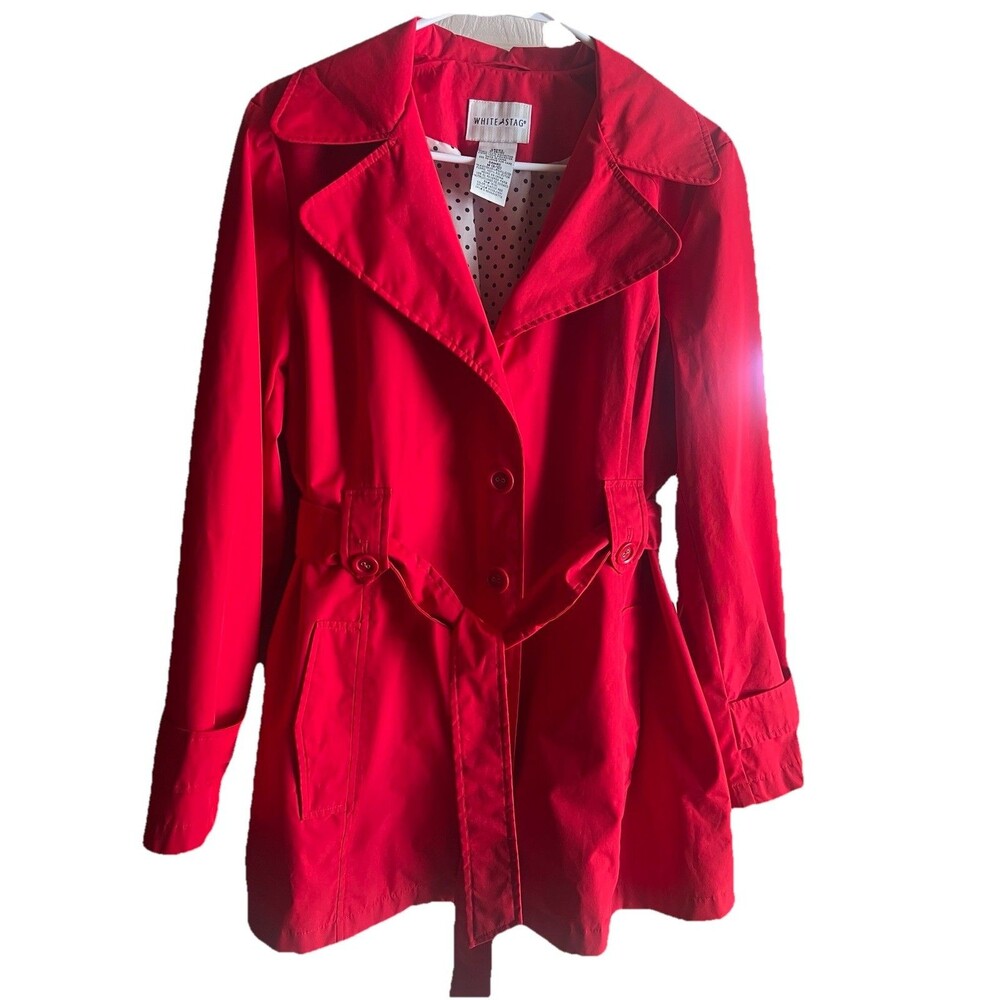 White Stage Trench Coat Women’s Tie belt Size 8/10 Red
